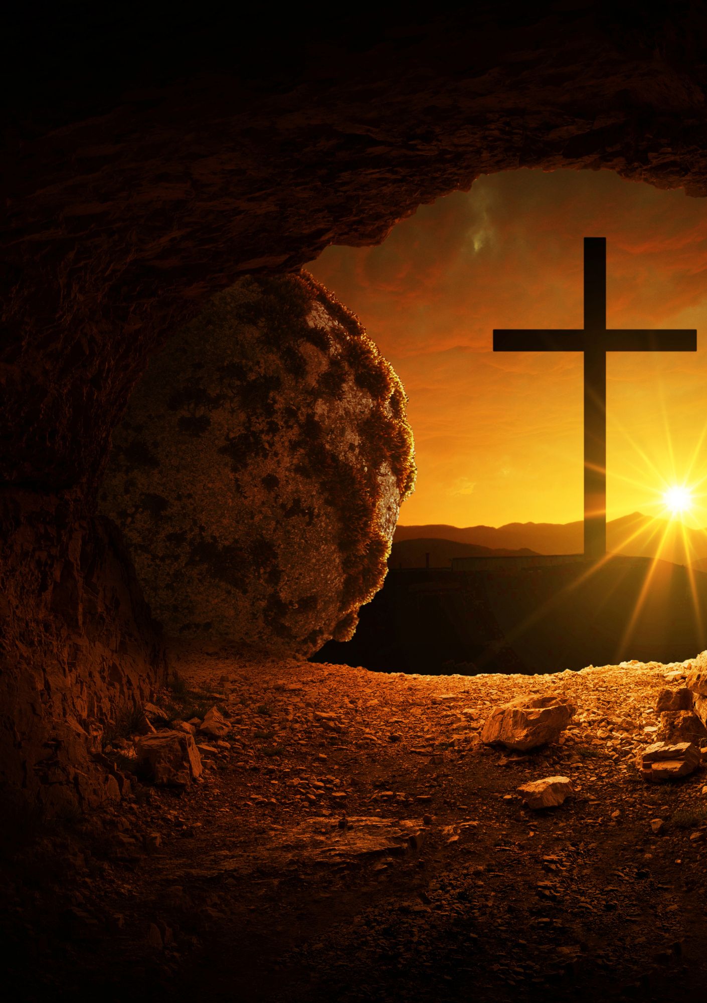 A cave with its stone rolled away and a view of the Cross during sunrise